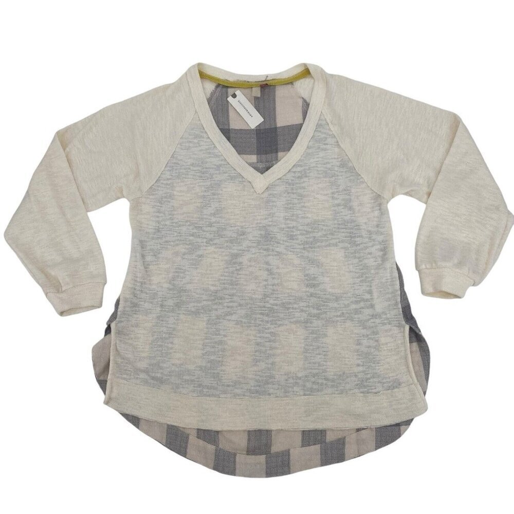 Plicro Anthropologie Size XS Neutral V-Neck Top Oversized Checkered NWT